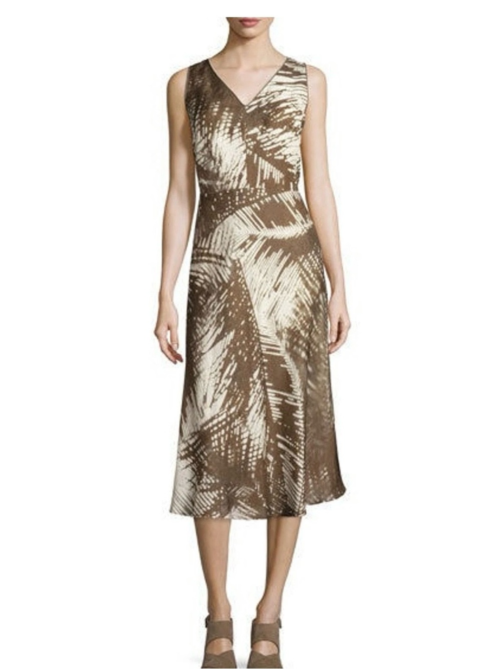 Lafayette 148 New York Brown and Cream Palm-Print V-Neck Midi Dress